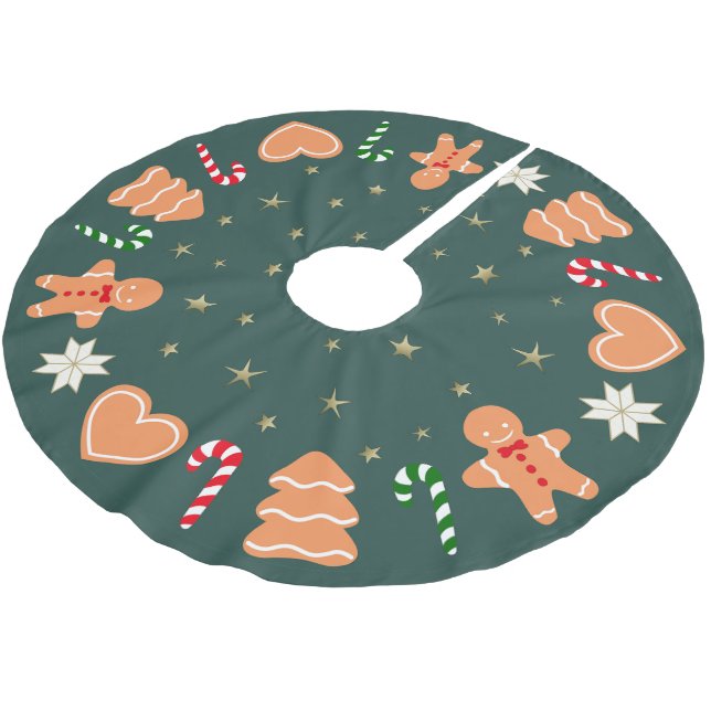Holiday gingerbread cookies Dark Green Tree Skirt Polyester Weihnachtsbaumdecke (Schrägansicht)