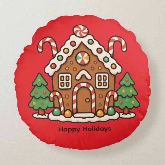 Holiday Gingerbread House Rundes Kissen (Vorderseite)