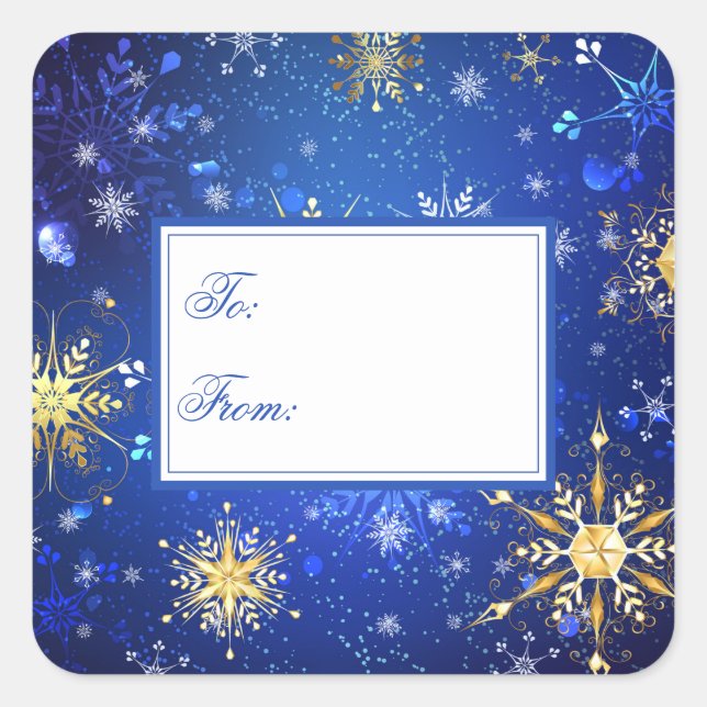 Holiday Gold Blue Snowflakes Weihnachten Weihnacht Quadratischer Aufkleber (Vorderseite)