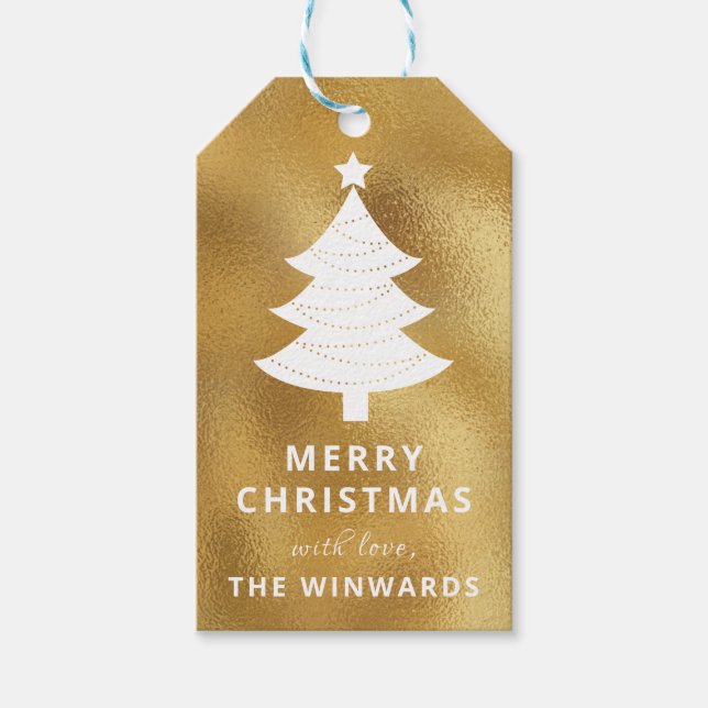 Holiday Gold Foil & White Christmas Tree Geschenkanhänger (Vorderseite)