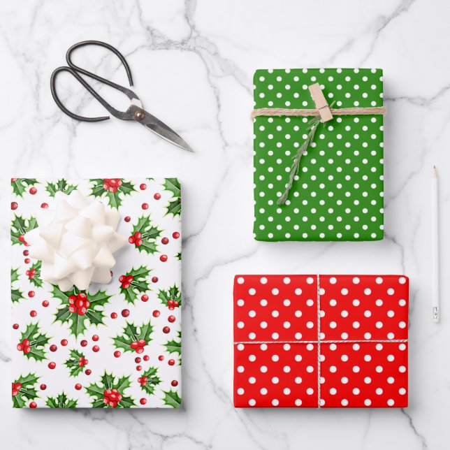 Holiday Green Holly Red Berries Polka Dots Muster Geschenkpapier Set (Vorderseite)