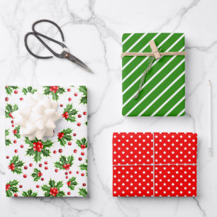 Holiday Green Holly Red Berries Polka Dots Muster Geschenkpapier Set