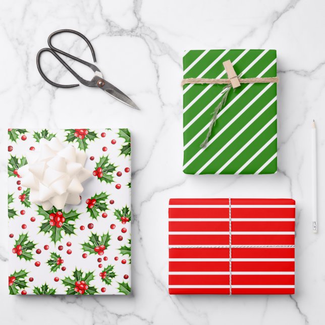 Holiday Green Holly Red Berries Stripes Muster Geschenkpapier Set (Vorderseite)