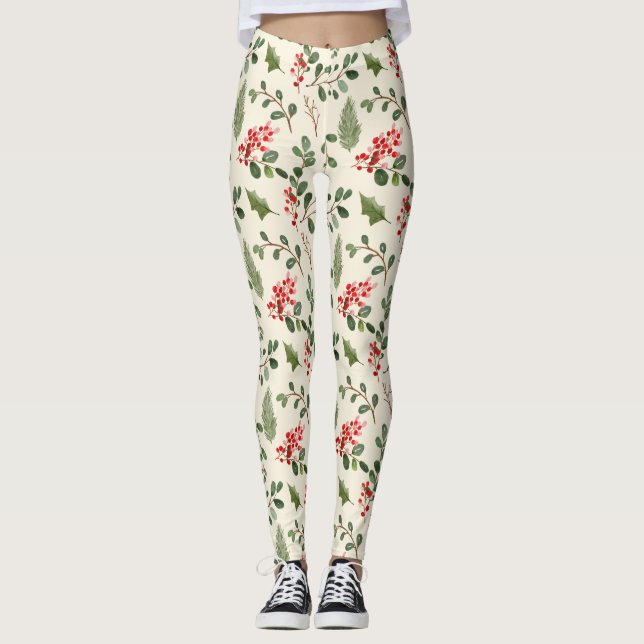 Holiday Green Holly Red Berry Weihnachtsmuster  Leggings (Vorderseite)