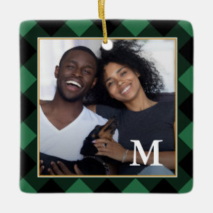 Holiday Green Kariert mit Monogram Foto Christmas Keramikornament