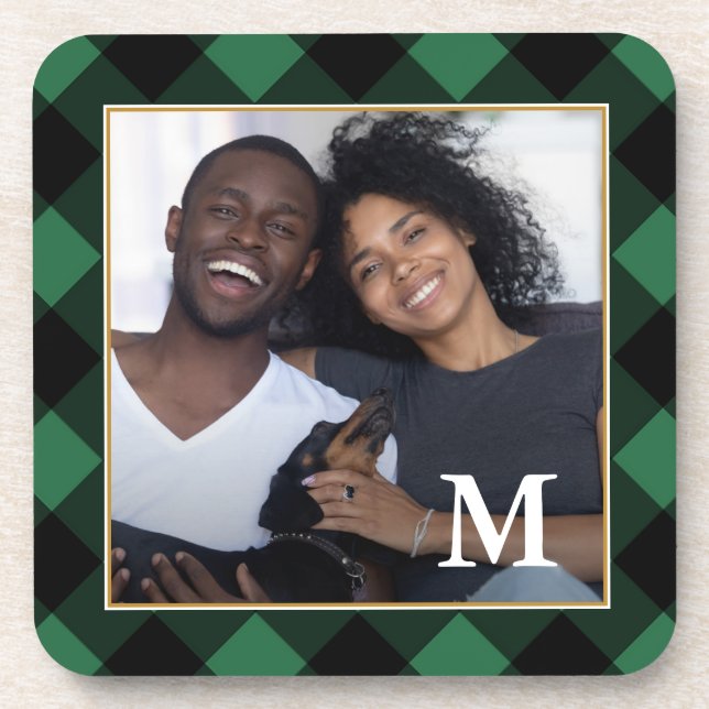 Holiday Green Kariert mit Monogram Foto Getränkeuntersetzer (Vorderseite)