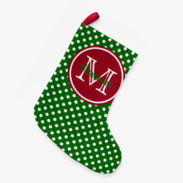 Holiday Green und Red Polka Dot Monogramm Kleiner Weihnachtsstrumpf (Vorderansicht (hängend))