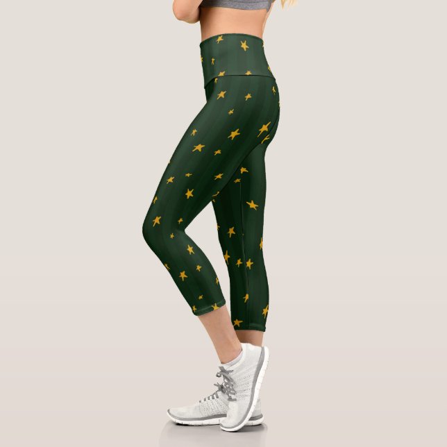 Holiday Green Yellow Stripe Star Christmas  Capri Leggings (Links)