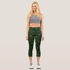 Holiday Green Yellow Stripe Star Christmas  Capri Leggings
