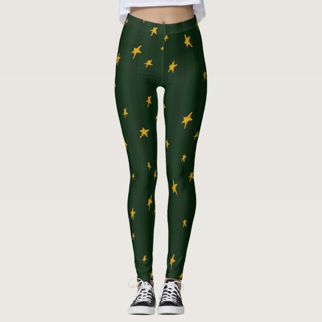 Holiday Green Yellow Stripe Star Christmas  Leggings (Vorderseite)