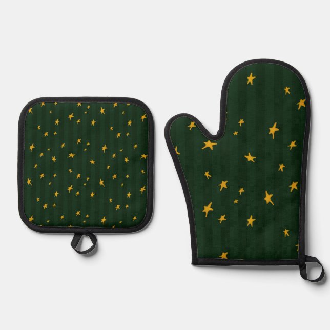 Holiday Green Yellow Stripe Star Christmas  Ofenhandschuh & Topflappen-Set (Vorderseite)
