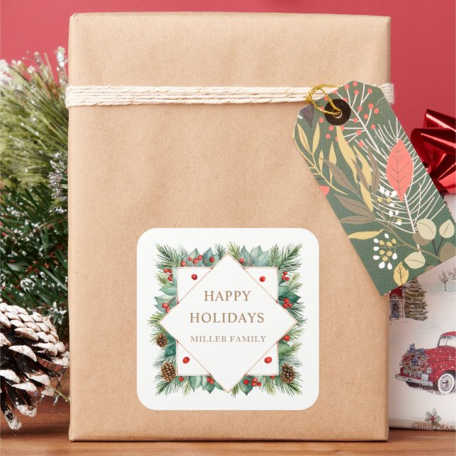 Holiday Greenery Border Monogram Quadratischer Aufkleber (Feiertag)