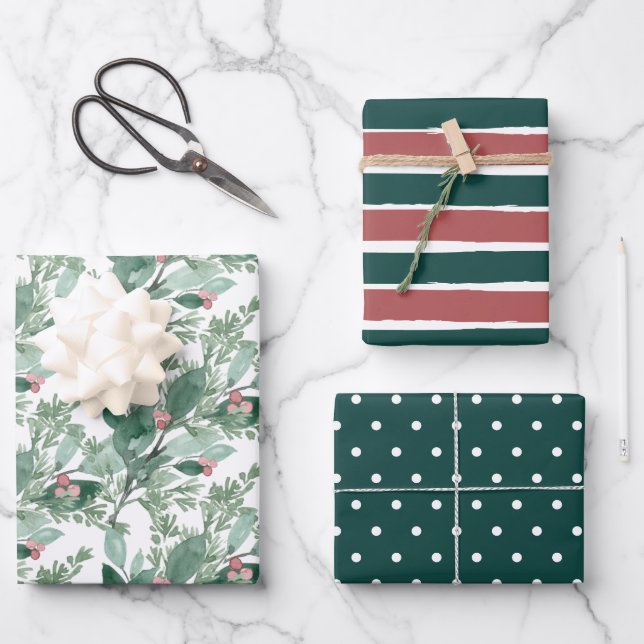 Holiday Greenery Dark Green und Red Christmas Geschenkpapier Set (Vorderseite)