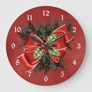 Holiday Greenery & Red Bow Christmas Clock Große Wanduhr