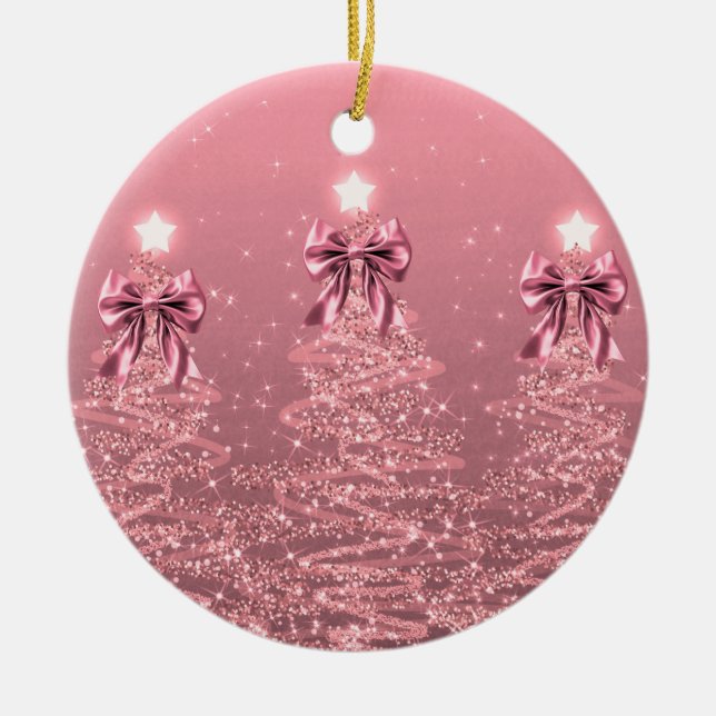 Holiday Greeting Blush Pink Christmas Trees Bows Keramik Ornament (Vorne)