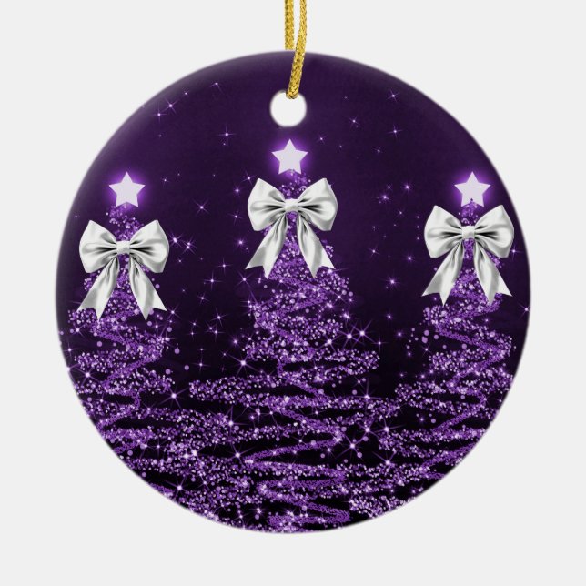 Holiday Greeting Purple Christmas Trees Silver Keramik Ornament (Vorne)