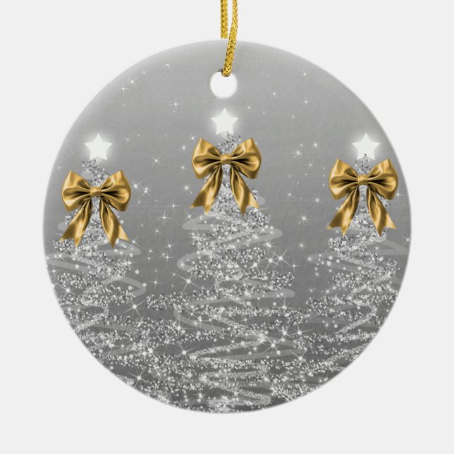 Holiday Greeting Silver Christmas Trees Gold Bows Keramik Ornament (Vorne)