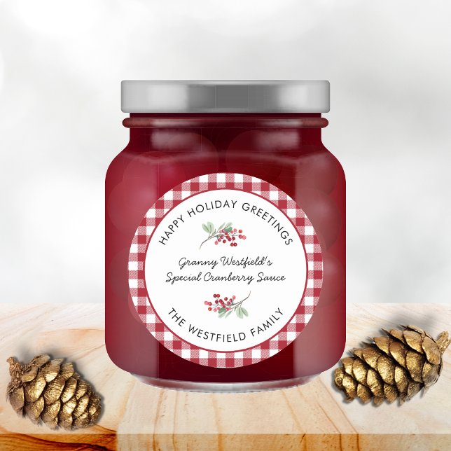 Holiday Greetings Burgundy Karo Food Gift Runder Aufkleber (Happy Holiday Greetings Burgundy Buffalo Plaid Food Gift Round Jar Label)