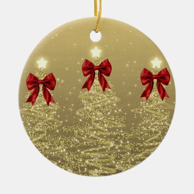 Holiday Greetings Gold Christmas Trees w/ Red Bows Keramik Ornament (Vorne)