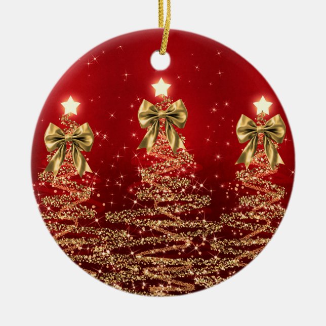 Holiday Greetings Gold Red Christmas Trees w/ Bows Keramik Ornament (Vorne)