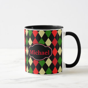 Holiday Harlequin Geometrisches Muster mit Namen Tasse