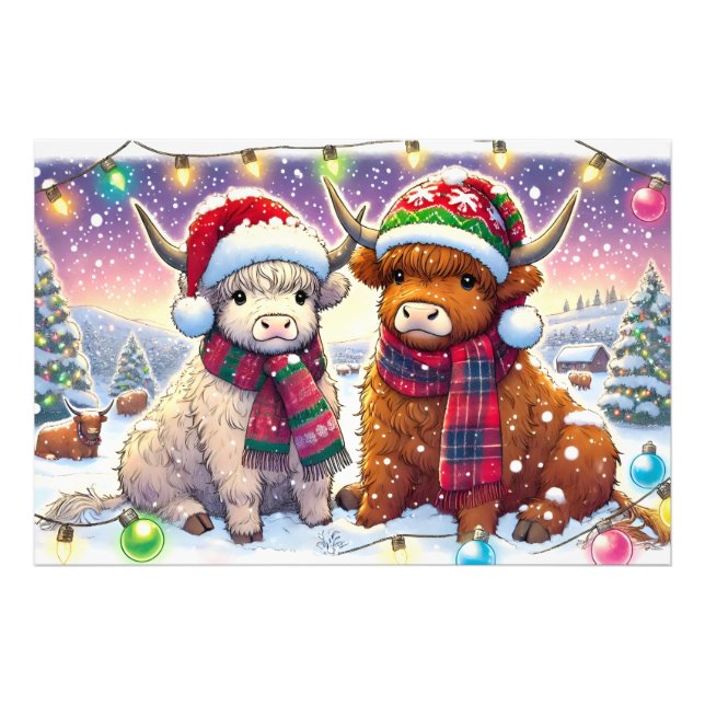 Holiday Highland Cows in Winter Wonderland Manga Fotodruck (Vorne)