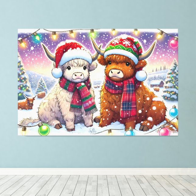 Holiday Highland Cows in Winter Wonderland Manga Leinwanddruck (Insitu (Holzboden))