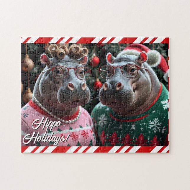 Holiday Hippo Couple in Christmas Sweaters Puzzle (Horizontal)