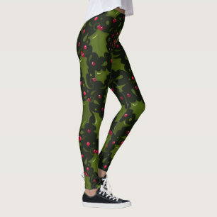Holiday Holly and Berries on Dark Green Leggings
