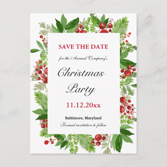 Holiday Holly Berry Weihnachts-Party Save the Date Ankündigungspostkarte (Vorderseite)