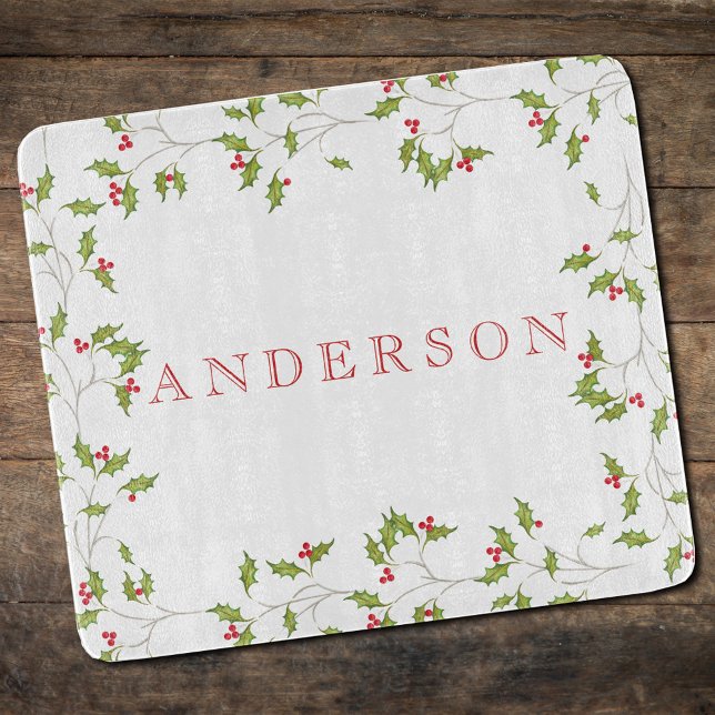 Holiday Holly Editable Cutting Board Schneidebrett (Christmas red holly and greenery cutting board. )