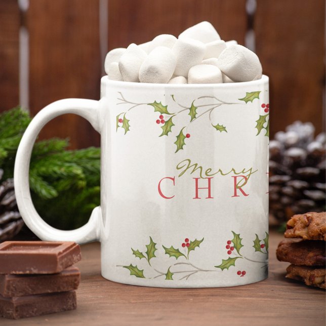 Holiday Holly Editable Tasse (Merry Christmas Red Holly Coffee Mug)