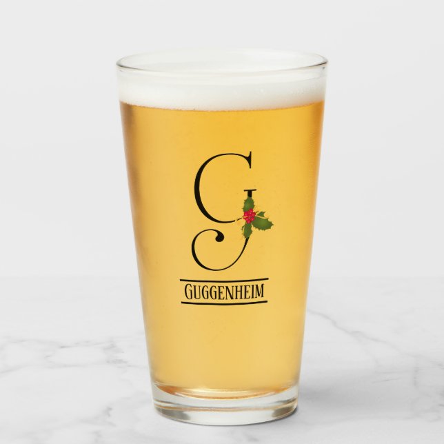 Holiday Holly Monogram G Personalisiert Beer Glas (Vorne (Gefüllt))