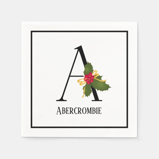 Holiday Holly Monogram Letter A Personalisiert Pap Serviette (Vorderseite)