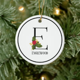 Holiday Holly Monogram Letter E Personalisiert Keramik Ornament