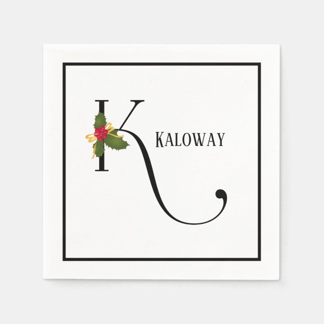 Holiday Holly Monogram Letter K Personalisiert Pap Serviette (Vorderseite)