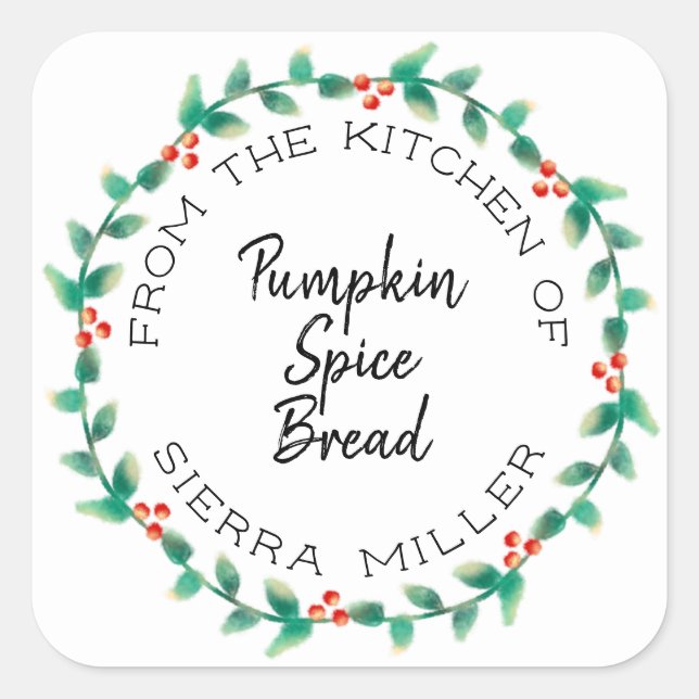 Holiday Holly Wreath Kitchen Leckereien Geschenk E Quadratischer Aufkleber (Vorderseite)