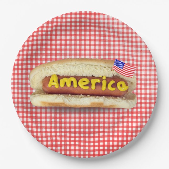 Holiday Hot Dog auf Gingham Paper Plate Pappteller (Vorderseite)