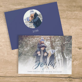 Holiday Joyful Script Blue White Snowflake 2 Foto Feiertagskarte