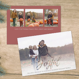Holiday Joyful Script Elegant Red Einfach 4 Foto Feiertagskarte