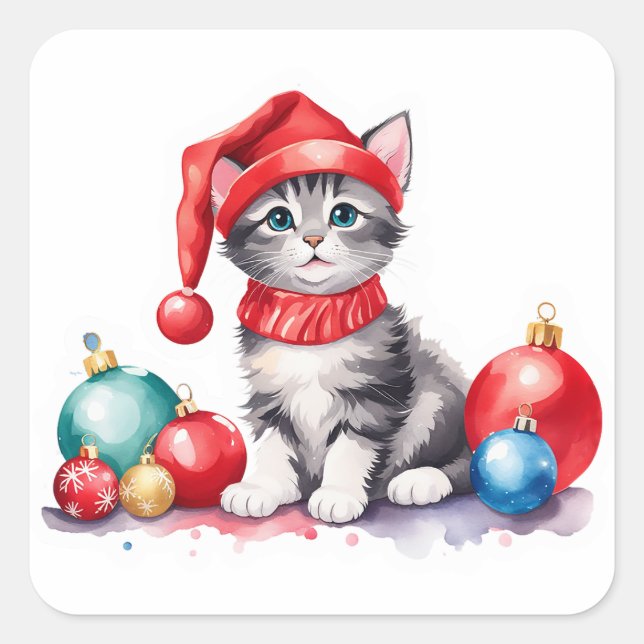 🎨 Holiday Kitten Spielen mit Weihnachtsschmuck Quadratischer Aufkleber (Vorderseite)