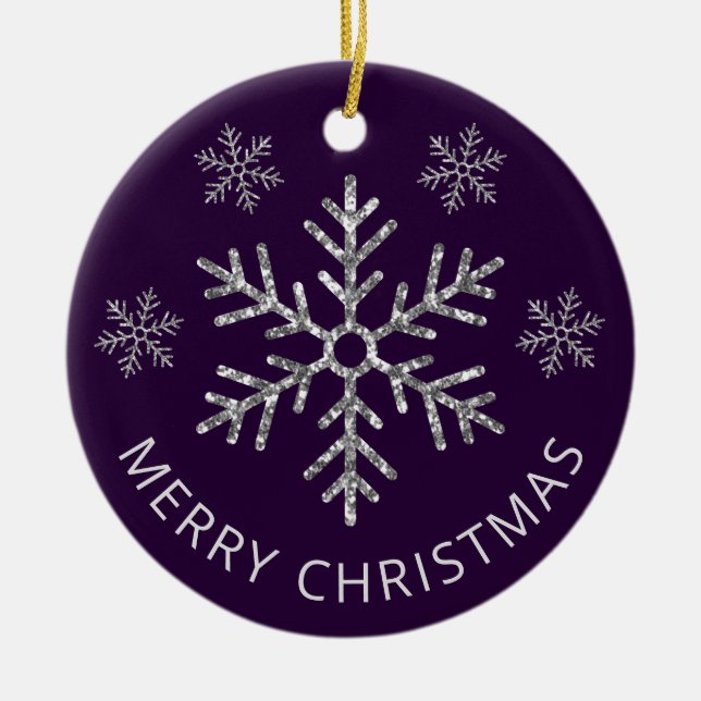 Holiday Lila Silver Glitzer Weihnachten Schneefloc Keramik Ornament (Vorne)
