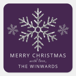 Holiday Lila Silver Glitzer Weihnachten Schneefloc Quadratischer Aufkleber