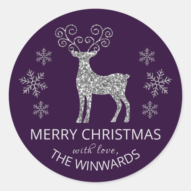 Holiday Lila Silver Glitzer Weihnachten Schneefloc Runder Aufkleber (Vorderseite)
