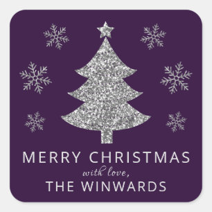 Holiday Lila & Silver Glitzer Weihnachtsbaum Quadratischer Aufkleber