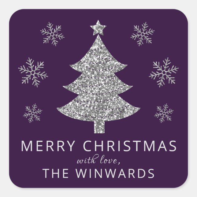 Holiday Lila & Silver Glitzer Weihnachtsbaum Quadratischer Aufkleber (Vorderseite)