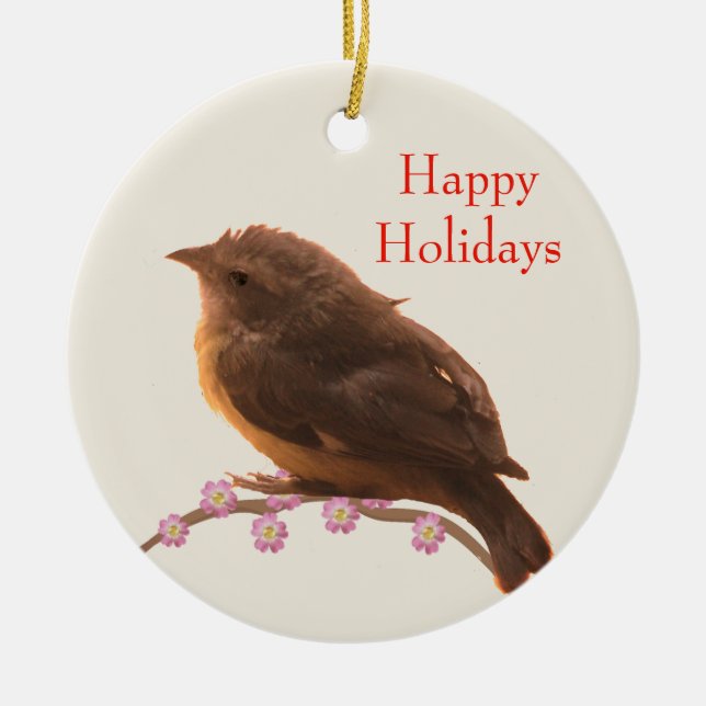 Holiday Little Bird auf Beige Keramik Ornament (Vorne)