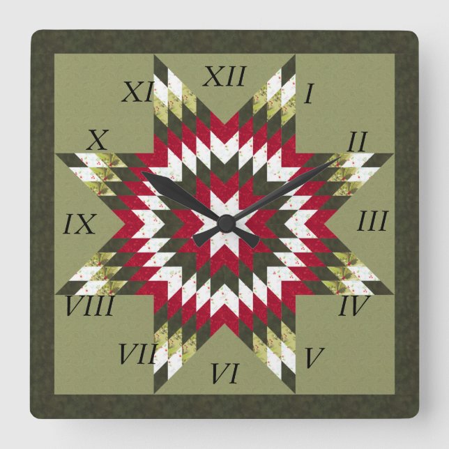 Holiday Lone Star Quilt Design Quadratische Wanduhr (Vorderseite)