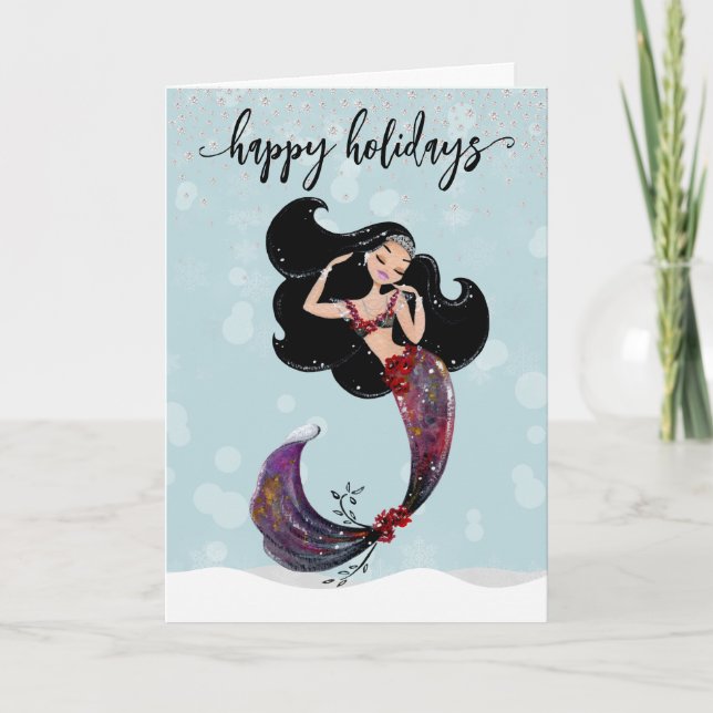 Holiday Mermaid Christmas Diamond Bling Feiertagskarte (Vorderseite)