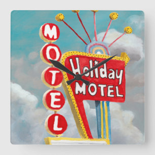 Holiday Motel Sign Quadratische Wanduhr